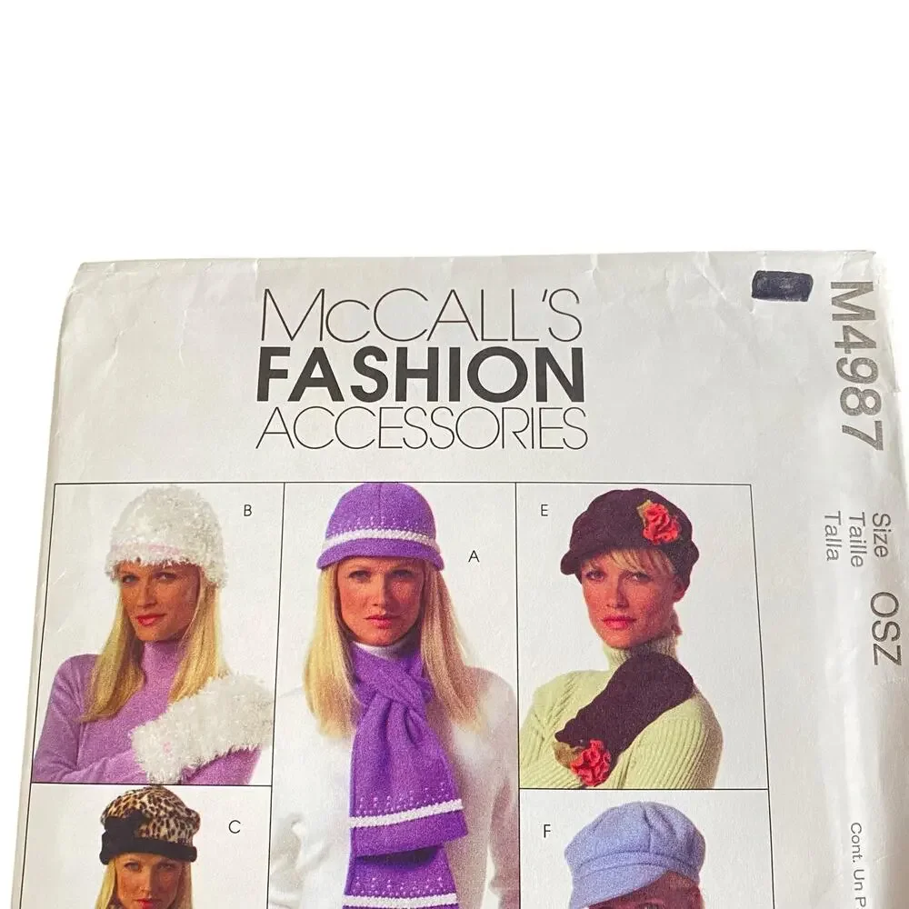 Vtg McCall’s M4987 Sewing Pattern Winter Hats Scarves Mittens UNCUT OS Y2K Boho